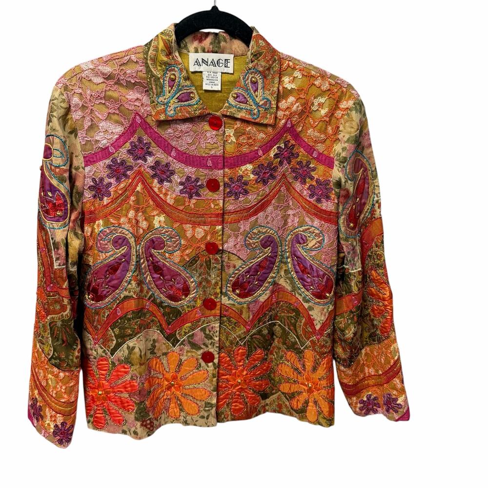 Vintage Anage Silk Multi Floral Paisley Lace Beaded Jacket Small Artsy Retro